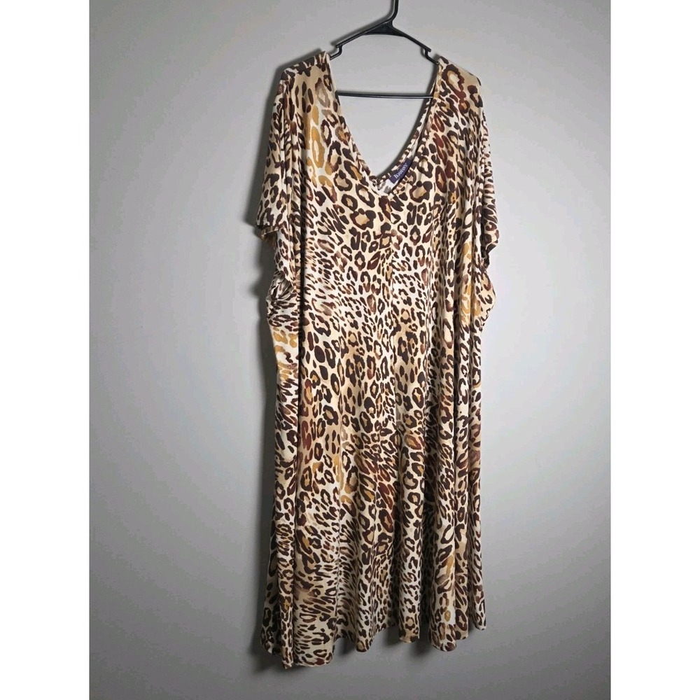 Roamans Plus Size 6X 42/44 Leopard Print V-Neck Swing Maxi Dress Flowy Stretch